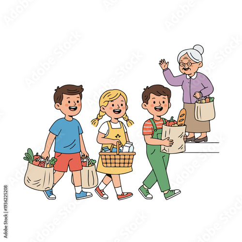 Three happy children walk with grocery bags and a basket full of food, while an elderly woman waves cheerfully from behind them.