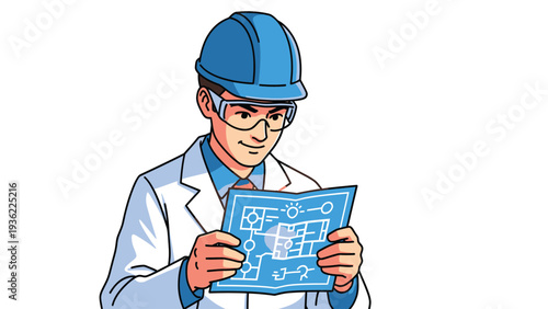 Smiling Engineer with Hard Hat and Safety Glasses Reviewing Blueprint Illustration