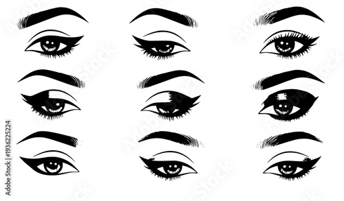 Diverse Eye Makeup Styles with Winged Eyeliner and Eyebrow Shapes Vector Set