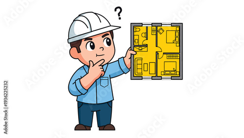 Cartoon Engineer Pondering Floor Plan with Question Mark, Architectural Design Dilemma