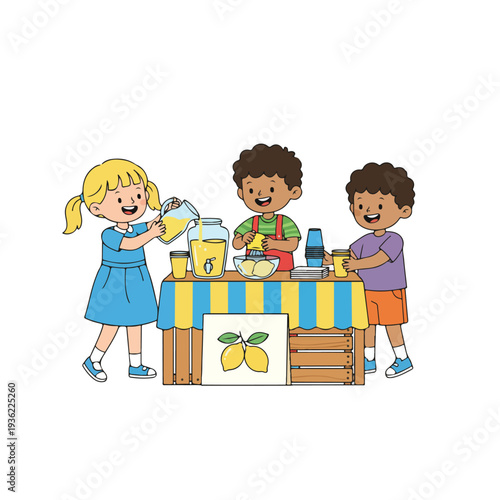 Three happy diverse children are working together at a colorful lemonade stand, making and preparing refreshing drinks.