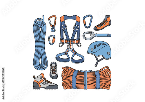 Collection of Rock Climbing Outdoor Adventure Gear Including Harness Helmet Rope Carabiners and Boots For Safety And Ascending Mountain Peaks