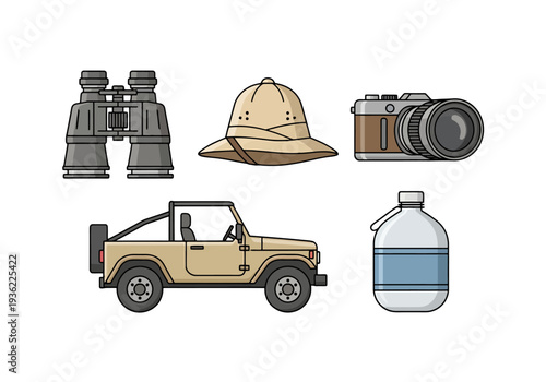 Safari Adventure Gear Icons Including Binoculars Pith Helmet Camera Open Top Vehicle Water Container For Outdoor Exploration And Travel Concepts