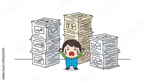Overwhelmed Child Facing Huge Piles of Paperwork and Documents