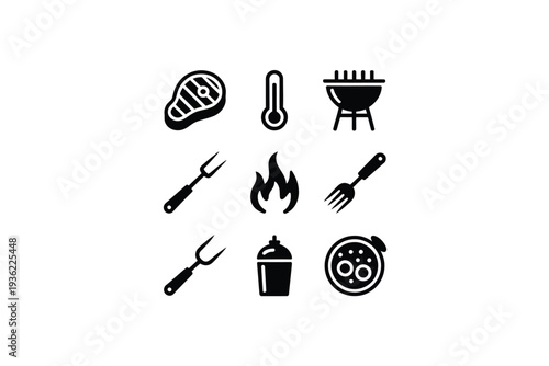 Grill icon set for barbecue and outdoor cooking illustration