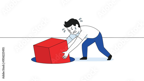 Man struggling to push a red cube into a small hole, illustrating a difficult problem or incompatibility.