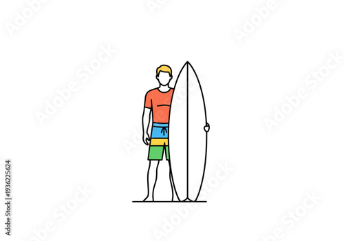 Man Wearing Colorful Board Shorts Standing Next to Surfboard Isolated on White Background Healthy Lifestyle Concept