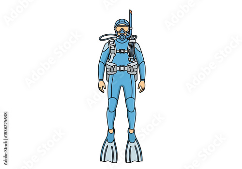 Full Body Blue Scuba Diver Equipment Gear Ready Underwater Ocean Exploration Adventure Sport Marine