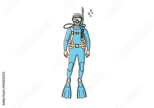 Scuba diver wearing full gear blue wetsuit fins mask snorkel ready for underwater exploration adventure vacation sport activity lifestyle