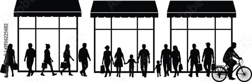 Black silhouettes of people in urban street scene, vector illustration showcasing storefronts, pedestrians, shopping activity, bicycle rider design elements