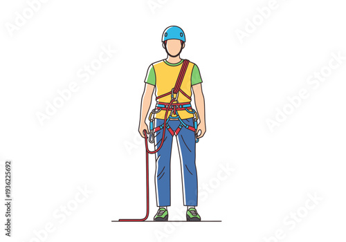 Man Wearing Climbing Safety Harness and Helmet with Rope Ready for Outdoor Adventure Activity and Sport