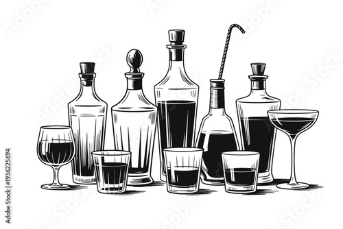 Liquor bottles and glasses illustration for cocktail party invitation