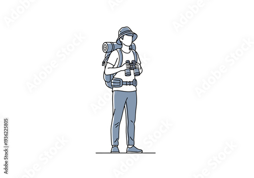 Person holding binoculars wearing backpack and hat ready for outdoor exploration and adventure simple line art style