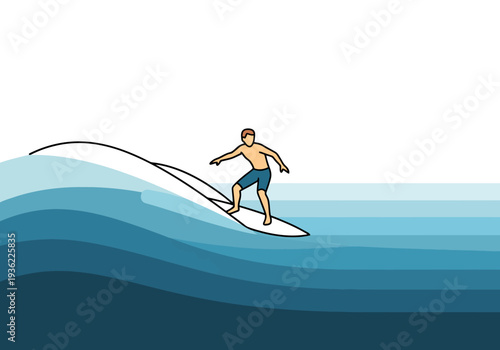 Surfer riding ocean wave enjoying water sport activity on surfboard with blue wavy sea surface and clear sky background outdoors summer day