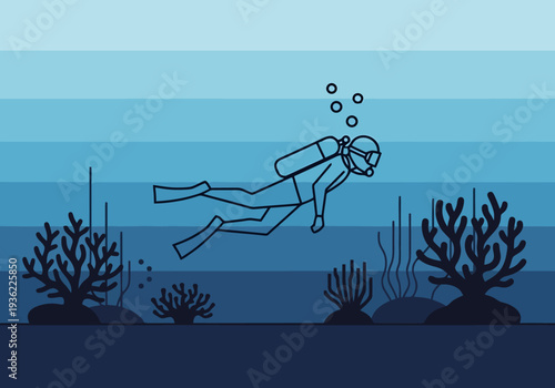 Underwater Scene With Diver Exploring Coral Reef And Marine Life In Deep Blue Ocean Waters