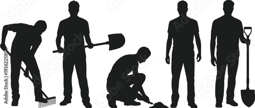 Silhouette of gardeners working with shovel and rake, landscaping team digging soil, yard maintenance workers isolated vector illustration on white background
