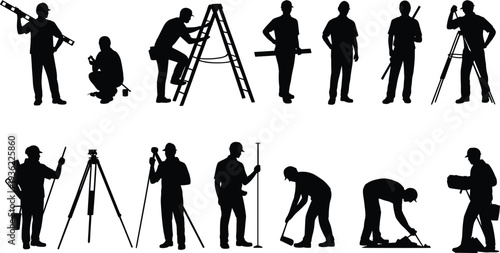 Surveyor and construction worker silhouette set with ladder, tripod and measuring tools, engineering and building industry concept vector illustration isolated on white background