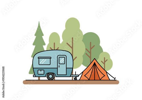 Adventure Recreational Vehicle and Tent Site Surrounded By Green Trees Outdoor Recreation And Nature Exploration Leisure Activity Travel Destination