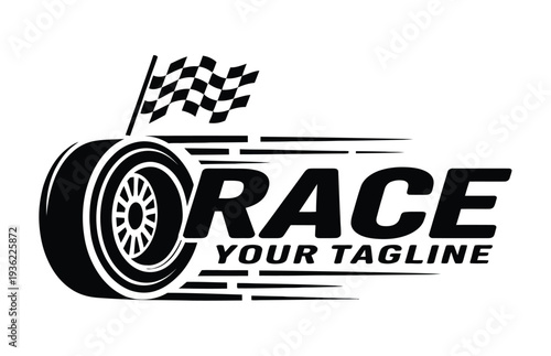 Race logo vector design with tire and checkered flag, speed branding graphic for motorsport emblem, automotive competition symbol, racing team identity, and car event promotion