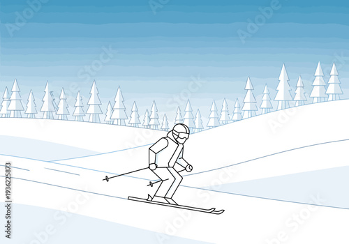 Alpine Winter Mountain Slope Snowy Landscape with Downhill Skier Active Sport Scene Outdoor Recreation Action