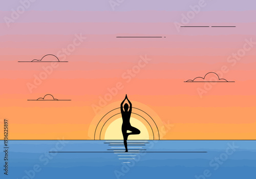 Serene Silhouette Performing Yoga Tree Pose At Sunrise Over Calm Water With Gentle Clouds And Gradient Sky Background