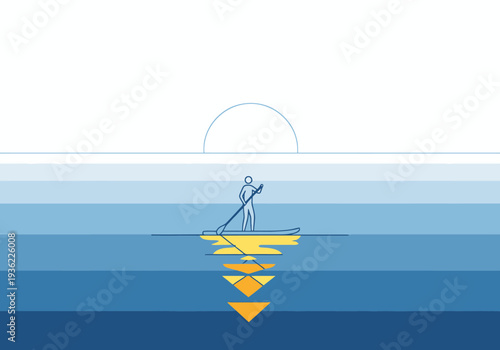 Lone Figure Standing On Paddleboard Gliding Across Calm Water With Sun Setting Reflection Below Minimalist Style Wide Horizontal Scene Of Tranquil