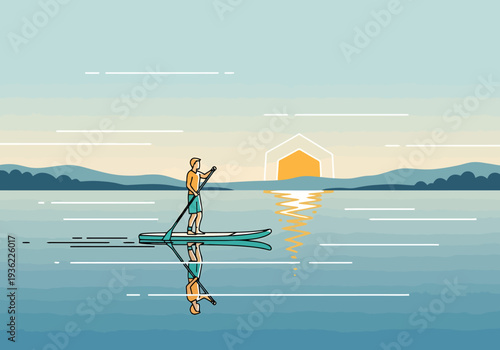 Man paddles on serene lake at sunrise with geometric sun reflecting on calm water and distant mountains horizon line