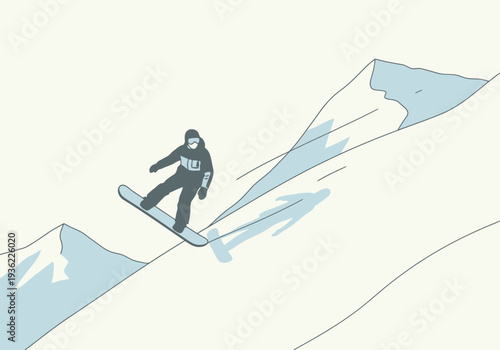 Individual snowboarding downhill on a snow covered mountain slope with stylized peaks in the background action sport recreation adventure travel