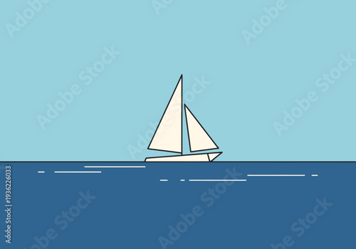 Modern Minimalist Sailboat Navigating Calm Open Ocean Under Clear Blue Sky with Simple Geometric Ripples Suggesting Serenity and Travel