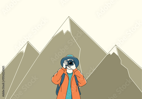 Person with camera capturing mountain range peaks with snow caps during outdoor adventure exploration travel lifestyle focus