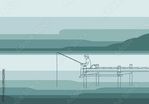 Peaceful Solitary Angler Sits On Wooden Pier Casting Line Into Calm Water Landscape Scenic Outdoors Relaxation