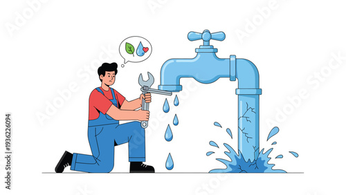 Man fixing broken water tap with wrench, promoting water conservation and sustainability