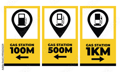 Three Yellow Directional Gas Station Signs 100m 500m 1km Distance Map Pins Arrows