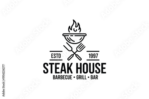 Steak house logo with barbecue grill and utensils on white background