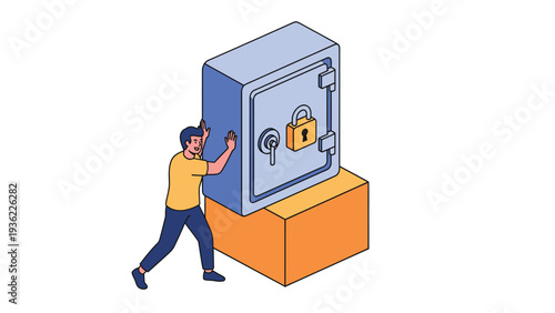 Man Pushing Heavy Safe. Isometric Illustration for Financial Security & Asset Protection