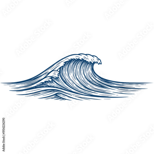 Detailed blue ocean wave illustration in a vintage engraving style, depicting the power and movement of water.