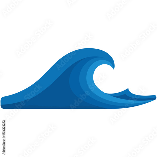 A simple, flat graphic illustration of a single blue ocean wave cresting and breaking on a white background.
