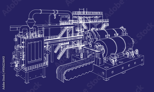 Steel Manufacturing Plant Vector Line Art Illustration, Industrial Factory with Blast Furnace and Rolling Mill, Heavy Industry Metallurgy Production Facility, Metal Processing Plant Outline Drawing 