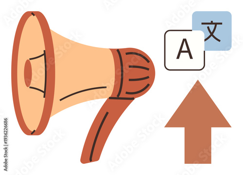 Language translation, global communication, content localization, translation services, accessibility, voice media. Megaphone, language symbols and upward arrow. Language translation and global