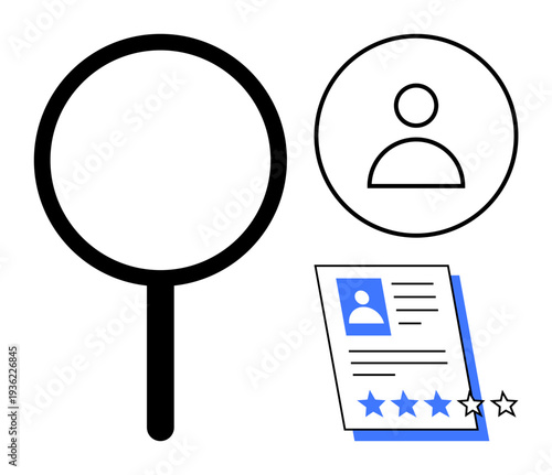 Magnifying glass near user profile and r sum with star ratings. Ideal for hiring, recruitment, HR management, talent search, employee review, professional evaluation, simple flat metaphor