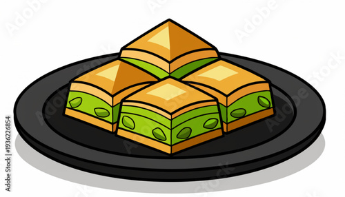 Pistachio Baklava Pastry Dessert On Plate Cartoon Illustration