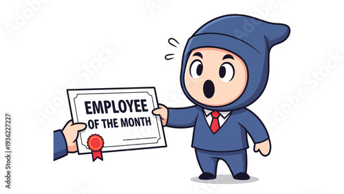Surprised Employee of the Month Cartoon Receiving Award Certificate
