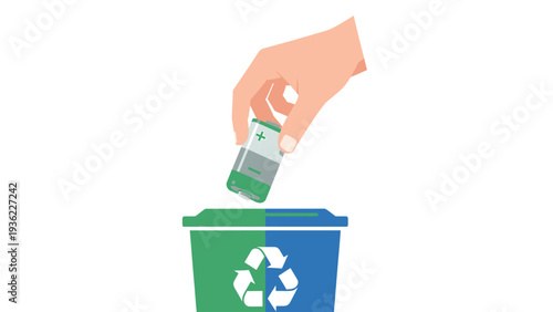 Hand Recycling Battery in Bin. Responsible Waste Disposal, Environmental Protection & Green Energy Concept. Vector Isolated.