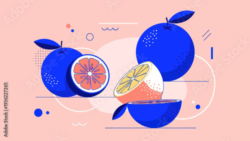 Vibrant Blue and Orange Citrus Fruits Illustration.
