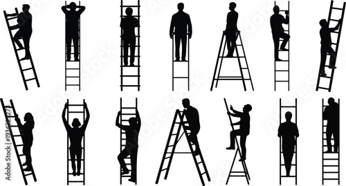 Worker ladder climbing silhouettes collection, professional construction laborers on step and extension ladders isolated on white background vector illustration set
