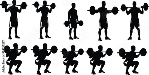 Black silhouettes of person performing barbell exercises, squatting, lifting, training, fitness workout vector illustration for gym, health, sports design projects