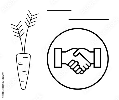 Negotiation concept. Visual of handshake in a circle agreement, alongside a carrot icon. Negotiation highlights compromise, agreements, and partnerships. For business, communication, trade