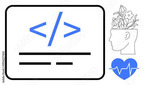 HTML coding tag surrounded by a blooming head with flowers and a heart with a heartbeat line. Ideal for creativity, tech innovation, mental clarity, health balance, productivity, self-care, simple