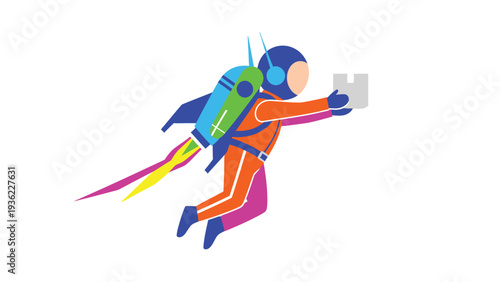 Futuristic Delivery Service Astronaut with Jetpack and Package Soaring Through Space