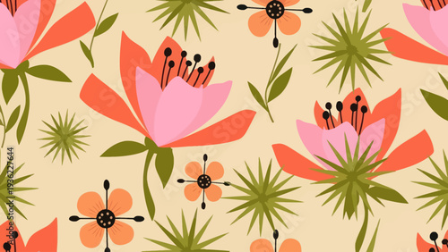 Vibrant Mid Century Modern Floral Pattern Design.